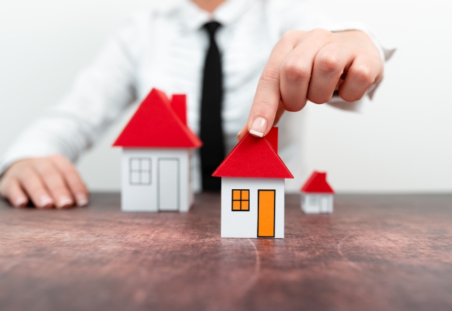 Upgrade Your House Represented By Lady In Outfit, Business Woman Presenting Plans For Home Change, Diffrent Apartment Plan Sizes Comparison, Multiple Selection Of Contracts.