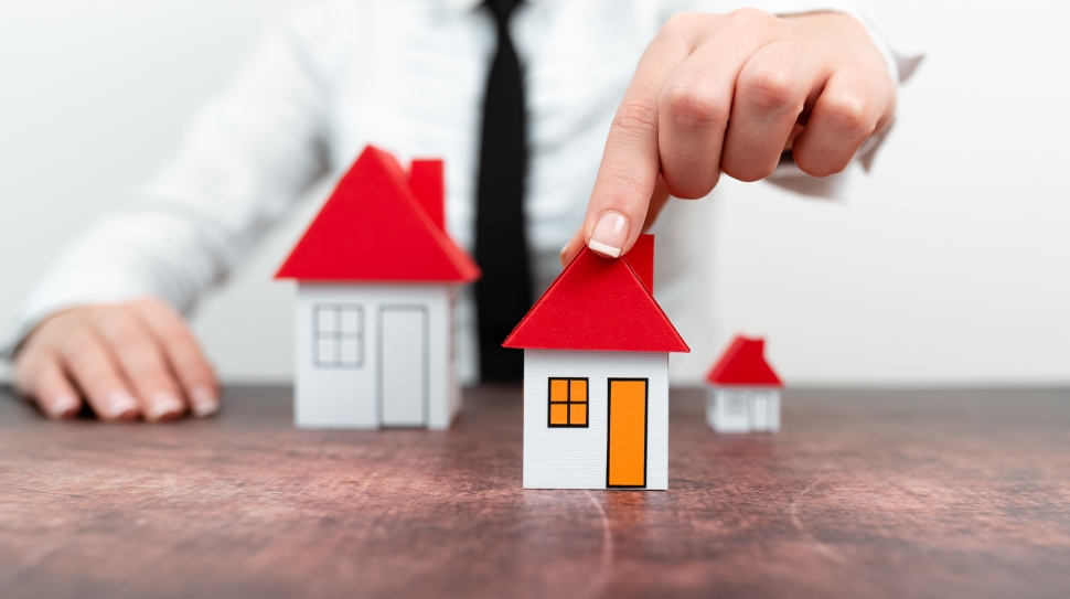 Upgrade Your House Represented By Lady In Outfit, Business Woman Presenting Plans For Home Change, Diffrent Apartment Plan Sizes Comparison, Multiple Selection Of Contracts.